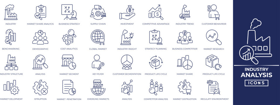 Industry analysis icon set for innovation, performance, position, report, investment, regulation, research, share, strategy, and more. Perfect outline vector illustration