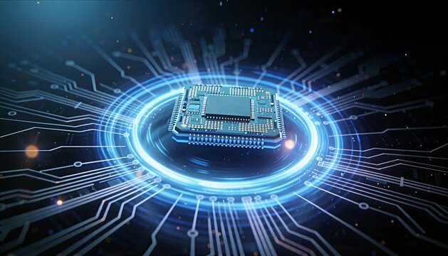 Futuristic microchip sci fi processor circuit technology glowing cyber blue ring digital innovation abstract energy concept art high tech fantasy style microelectronics hardware electronic chip vision