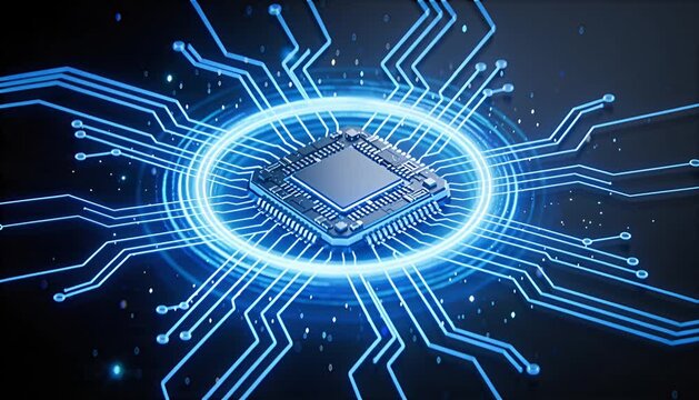 Sci fi futuristic microchip technology circuit board glowing blue digital processor energy concept cyber network data flow neon light abstract energy cyber punk style lighting imagination