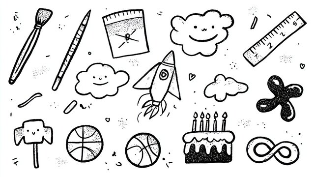 A playful doodle collage featuring a rocket, clouds, sports items, a birthday cake, and art supplies, evoking creativity and fun.