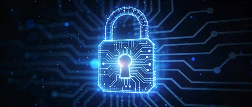 Digital padlock security cyber network data privacy firewall glow circuit encryption technology concept sci fi energy protect abstract background cyber security data protection futuristic secure
