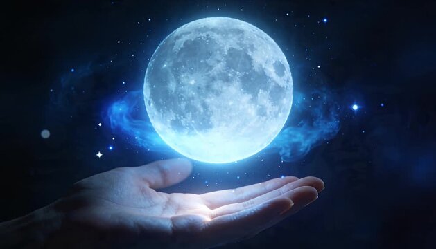 Sci fi fantasy moon energy glowing light cosmic power blue aura human hand night sky magic surreal dreamlike wonder moonlight glow mystic dream sky imagination celestial surreal cosmic wonderlight