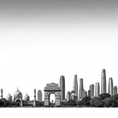 Fototapeta premium A black and white illustration of the India Gate and Jama Masjid in New Delhi with a modern city skyline