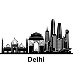 Obraz premium A black and white vector graphic illustration of the Delhi city skyline, featuring iconic landmarks and modern skyscrapers.