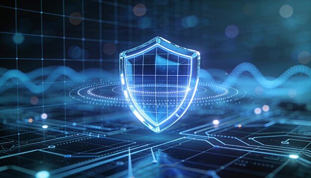 Futuristic cybersecurity shield digital protection sci fi data network security technology concept with glowing hologram grid background neon wave system innovation internet safety defense