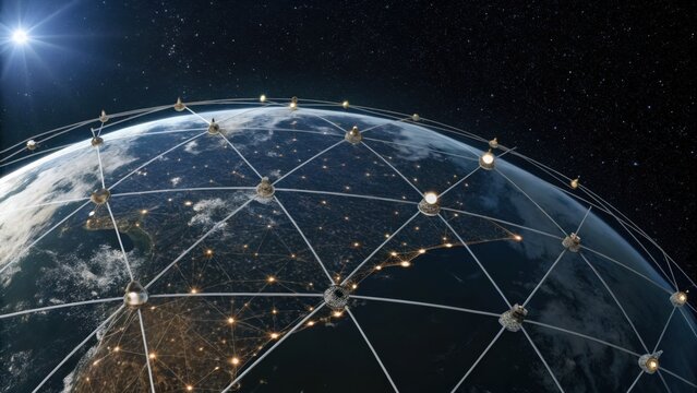 Network of satellites forms constellation around Earth, connecting globally under starry sky