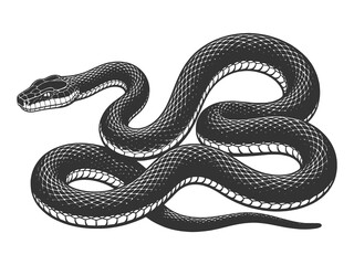 Obraz premium coiled snake with intricate scale pattern, showcasing reptile texture and elegant flowing body form sketch engraving generative ai raster illustration. Scratch board imitation. Black and white image.