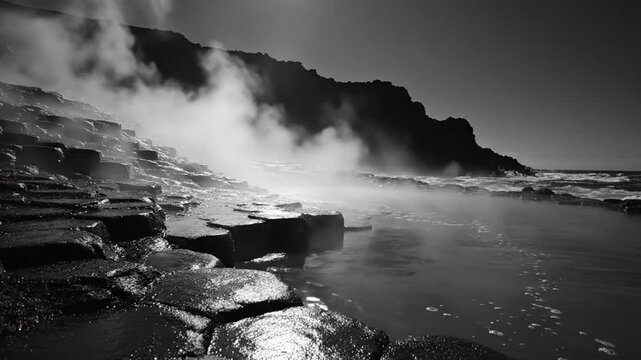 Dramatic black and white landscape of coastal cliffs with rising mist and waves crashing against hexagonal rock formations