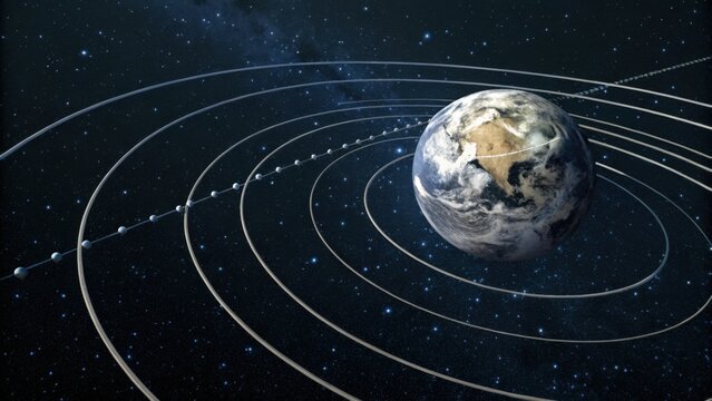 Visualization of satellite orbit paths around Earth in space, showcasing intricate network of trajectories