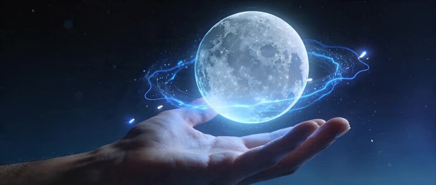 Sci fi magic moon energy hand fantasy power light glow cosmic future technology imagination night wonder mystic scene digital art mysterious aura blue dream surreal orbit lightning floating sphere