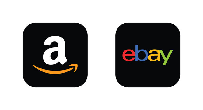 Amazon eBay icons set. Latest amazon logo vector, Latest eBay icon, Popular e-commerce amazon and eBay icon logo. Amazon eBay icons set.