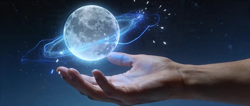 Sci fi moon magic energy hand galaxy fantasy night light power glow surreal dream cosmic orbit sphere blue aura wonder imagination concept art floating hand night sky fantasy power light glow