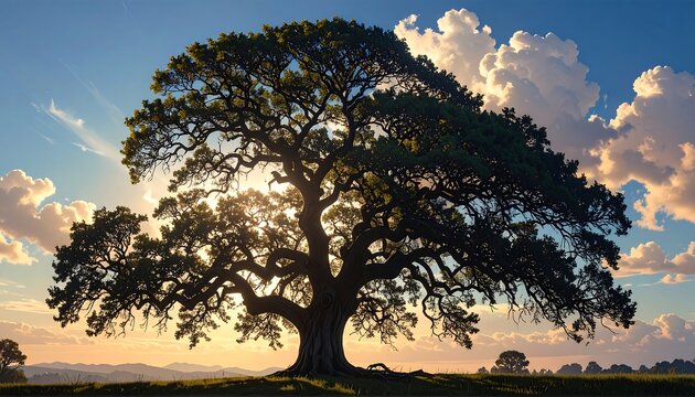 A majestic, large tree silhouetted against a setting sun. Lush foliage crowns a massive trunk, with clouds filling the sky
