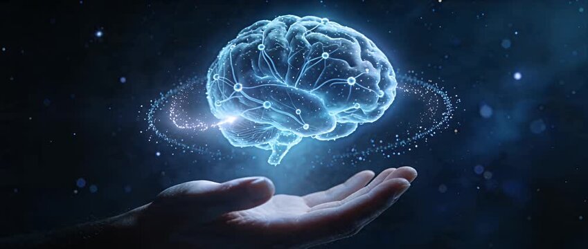 Sci fi digital brain hologram above human hand futuristic technology concept glowing blue neural network artificial intelligence imagination wonder curiosity spark energy future digital glow