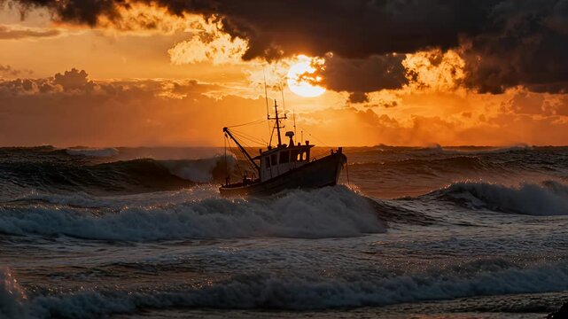 fishing boat at sunset on rough seas with crashing waves and orange sky