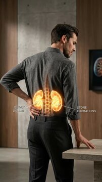 Suffering male depiction: kidney stone, bodily problem, physical discomfort, agonizing pain, mineral formation, internal ailment, unhealthy condition.