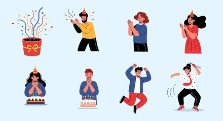 Fototapeta premium Collection of happy people celebrating a birthday party with cake, confetti, and dancing. Flat vector illustration of diverse characters isolated on background.