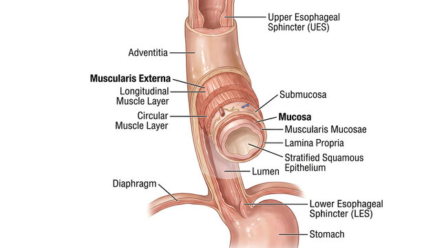 Cross‑section of the distal esophagus at the diaphragm showing mucosa with stratified squamous epithelium, submucosa, muscularis externa (circular and longitudinal layers), adventitia and locations of