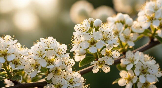Snowy mespilus blooms with delicate white flowers on branch against soft background lighting. Close-up of snowy mespilus blossoms creating a serene garden atmosphere.