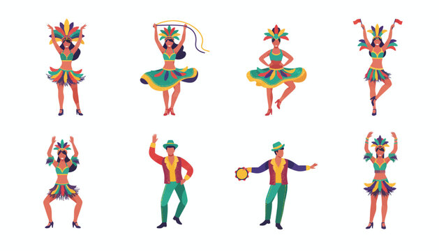Brazilian Carnival Dancers Set with Men and Women in Colorful Traditional Costumes Isolated on White Background for Rio de Janeiro Festival Event Design Assets