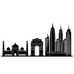 Fototapeta premium A black and white vector graphic illustration of a city skyline with famous landmarks and modern skyscrapers