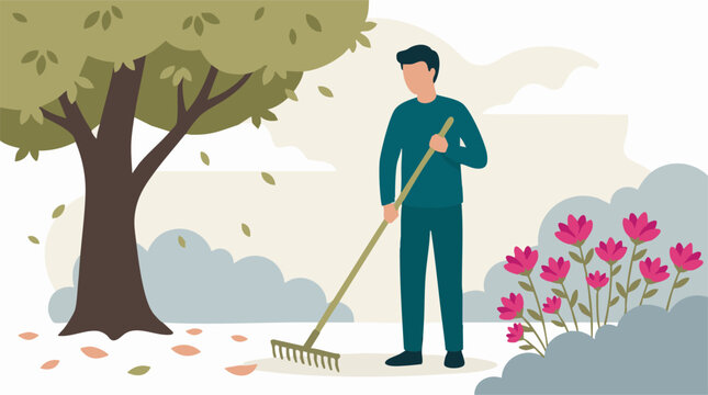 Man raking autumn leaves in a garden, fall season yard work illustration