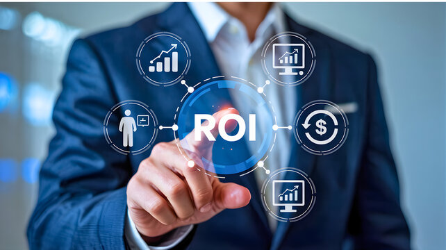 Businessman pointing to ROI icons on a digital screen
