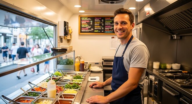 Smiling male vendor works inside a well-equipped mobile food unit serving customers outdoors