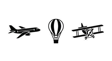 Three aircraft icons a jet balloon and biplane silhouette © MSTMARIA