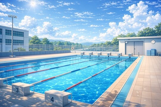TRPGやゲームの背景として使える夏の学校のプールの風景