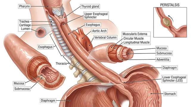 Comprehensive anatomy of the esophagus and upper GI tract showing pharynx, larynx, trachea, thyroid gland, aortic arch, esophageal wall layers, peristaltic segment, lower esophageal sphincter and junc