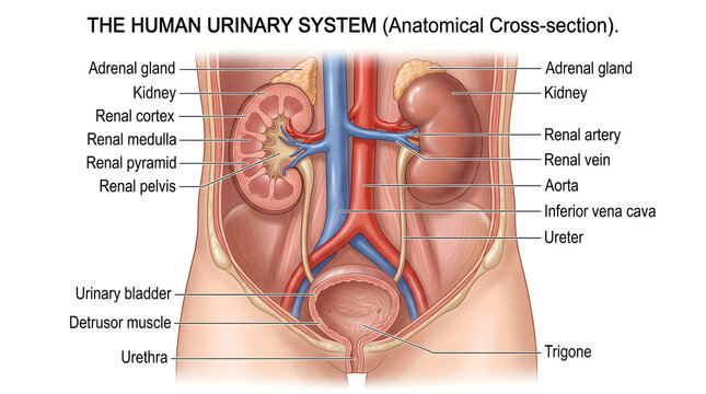 The human urinary system anatomical cross‑section showing kidneys with cortex, medulla and pelvis, adrenal glands, renal vessels, abdominal aorta, inferior vena cava, ureters, urinary bladder, detruso