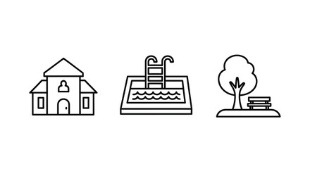 Minimalist line art depicts a house pool and tree silhouette © MSTMARIA