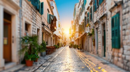 Fototapeta premium Charming European old town street bathed in golden sunlight featuring historic stone buildings outdoor cafe seating and lush potted plants along a cobblestone path