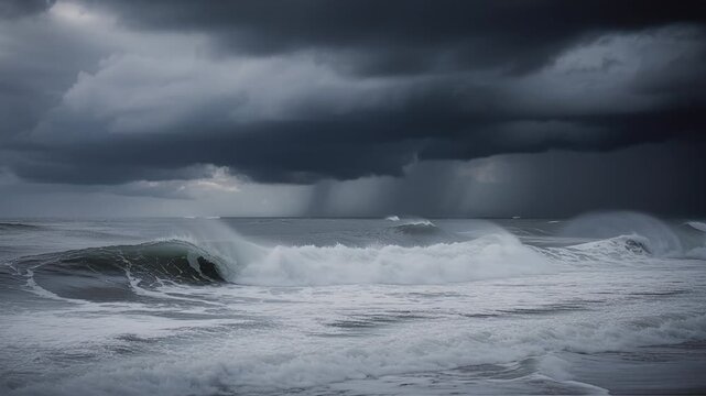 stormy sea waves under dark storm clouds, windy ocean scene