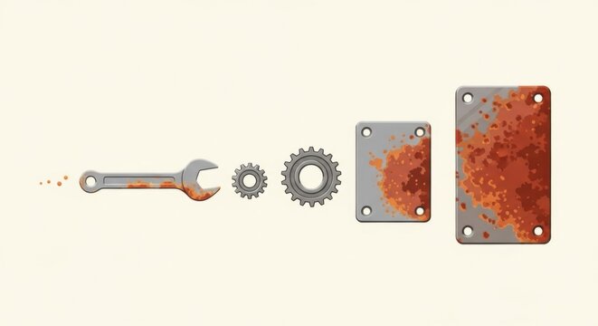 disintegrating wrench and gears into rusty plate