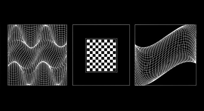 Wave mesh grid diagram with checkerboard marker and flowing 3D surface lines on dark background featuring wireframe, math model, geometry with