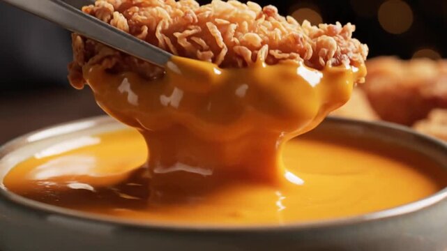 Dipping Crispy Fried Chicken Tender into Creamy Cheese Sauce