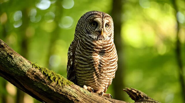 Barred owl perches on a mossy weathered tree branch in a lush green forest, looking back over its wing, showcasing detailed striped plumage and sharp talons in natural soft light.