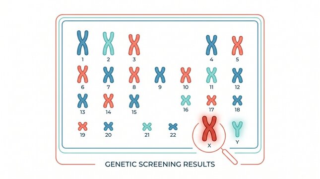 Genetic Screening Results illustration, human karyotype analysis, chromosome set for medical diagnosis, DNA research, and genomic science. Detailed genetic information for healthcare and biology.