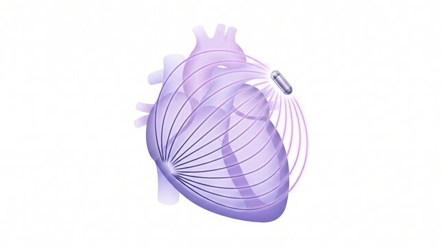 Human heart pacemaker illustration, medical device implant for cardiac rhythm management, advanced cardiology technology, healthcare and wellness concept.