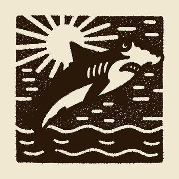 Vintage engraved illustration featuring a jumping shark in a sunlit ocean scene with a humorous quote for t-shirt design