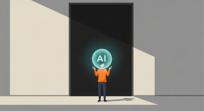 Man holding glowing AI orb in front of doorway