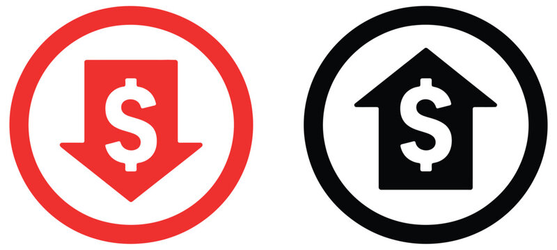 Dollar symbol with upward arrow and red dollar with downward arrows, economy rise and fall concept, financial gain and loss icons, stock market trend symbols, business and investment performance
