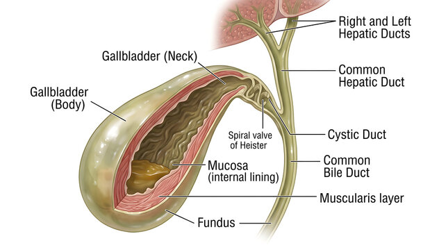 Sagittal cross‑section of the gallbladder and biliary tree showing neck, body and fundus of gallbladder, mucosal folds with spiral valve of Heister, muscularis layer, cystic duct, common bile duct and
