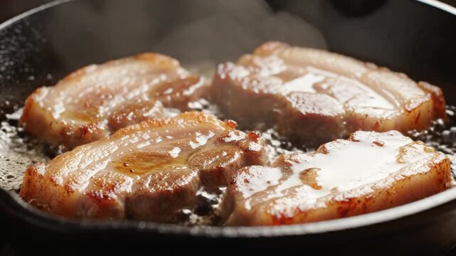 Sizzling Pork Belly Slices Frying in a Cast Iron Pan