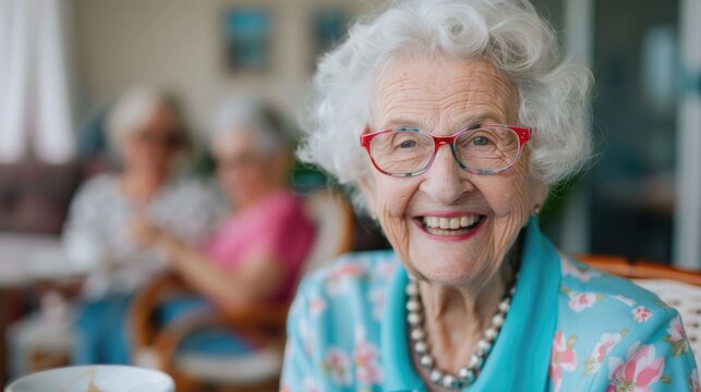 Close up portrait of a cheerful senior woman wearing glasses and a patterned blue blouse smiling brightly while seated with friends in a comfortable softly lit indoor setting