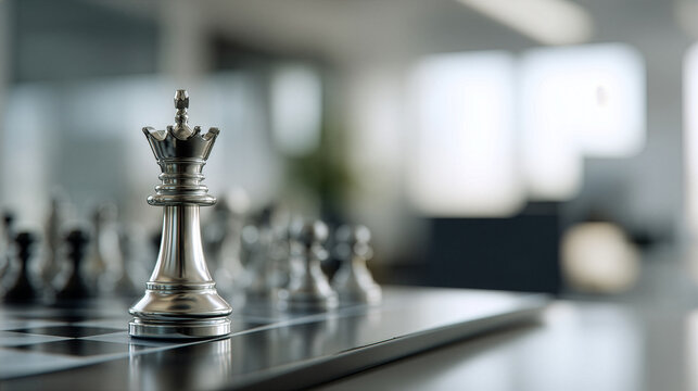 Minimal Business Scene With Chess Board, King Piece, Blurred Background And Large Copy Space For Text