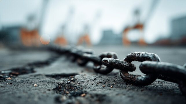 Minimal Industrial Close Up Composition Of Chain On Concrete With Soft Bokeh And Copy Space For Text