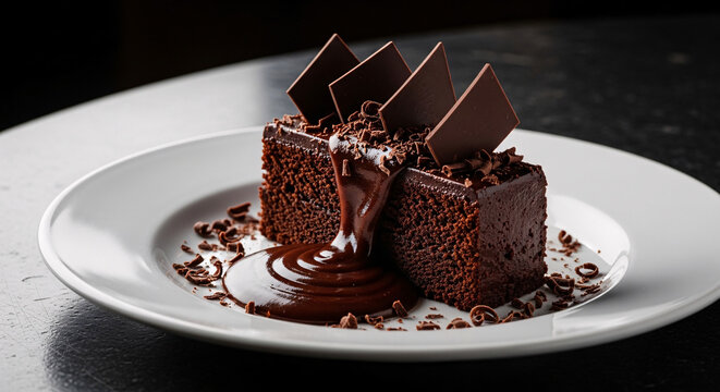 Rich chocolate cake topped with chocolate shards and molten ganache on a white plate